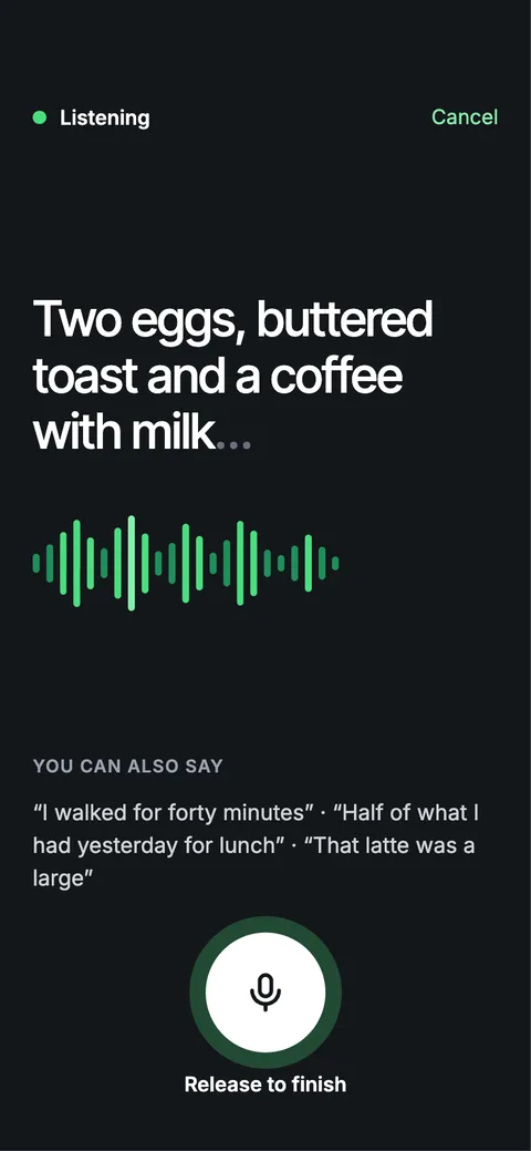 The Listening screen showing the words 'Two eggs, buttered toast and a coffee with milk' as they are heard