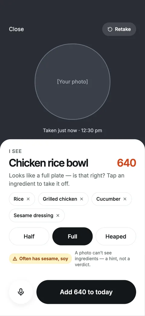 The photo result screen: chicken rice bowl, 640, with ingredient chips and half, full and heaped portion chips